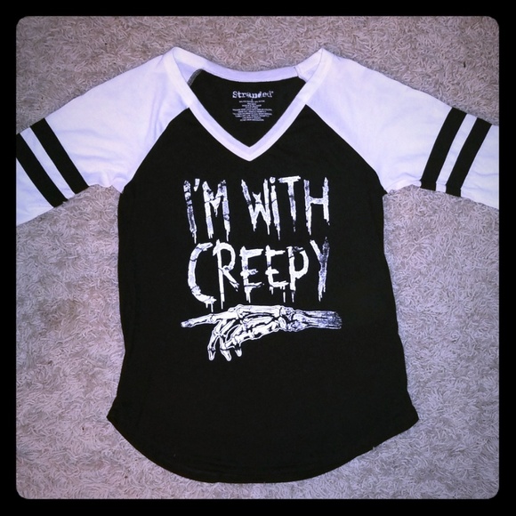 Stranded SM "I'm With Creepy" Black & White V-Neck Raglan T-shirt - Picture 1 of 13
